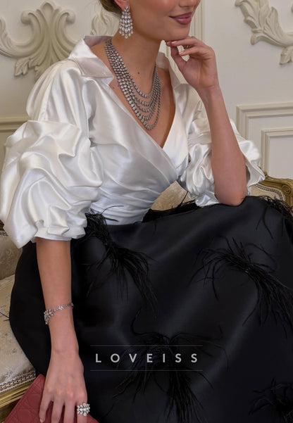 Satin Wrap Bodice Gown with Feather Skirt
