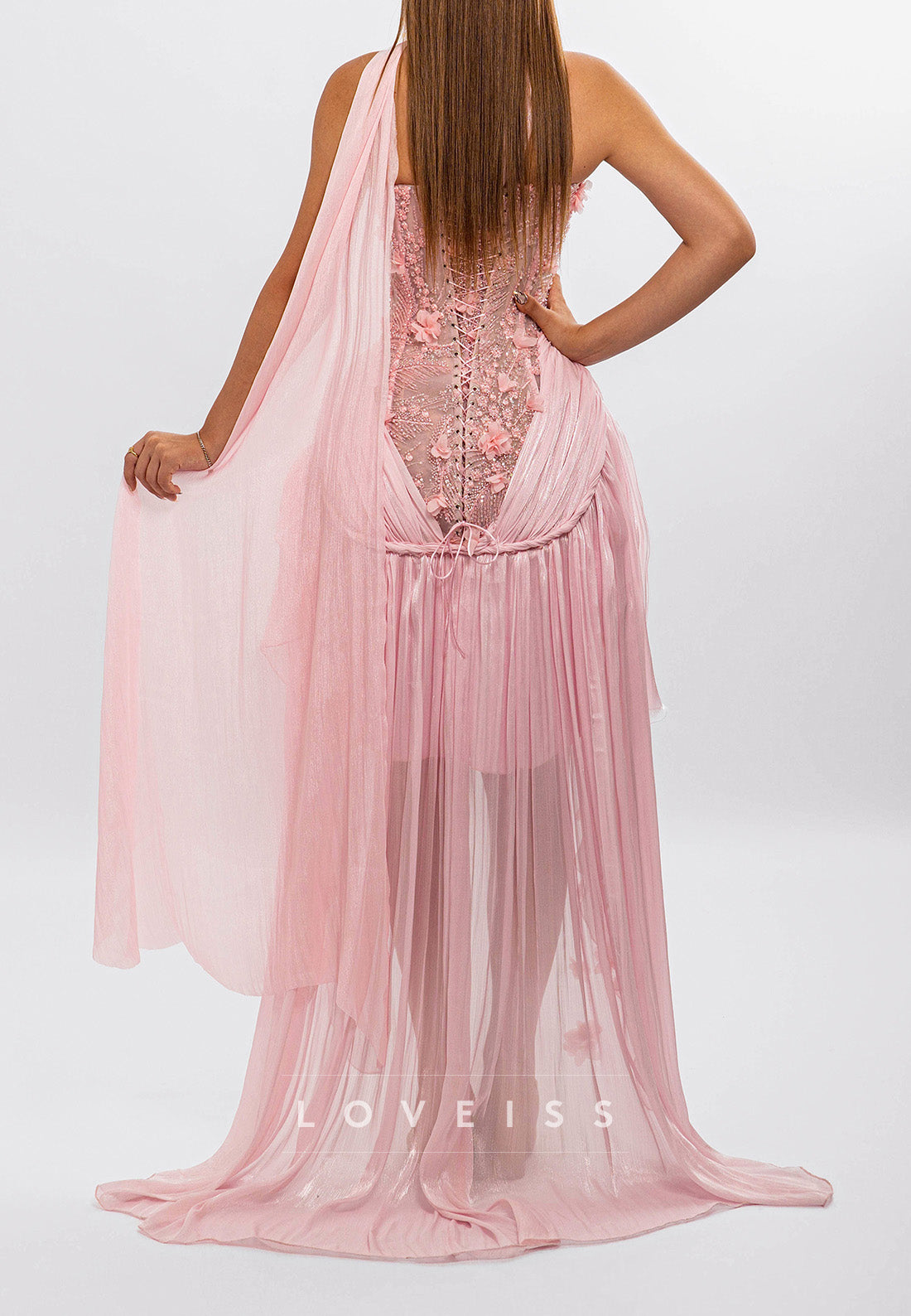 Corset High-Low Dress with 3D Florals