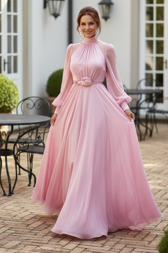High Neck Satin A-Line Gown with Puff Sleeves