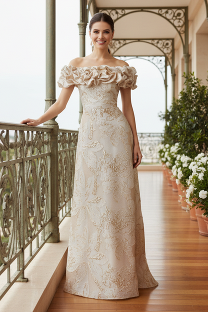 Off-Shoulder Ruffle Jacquard Evening Gown