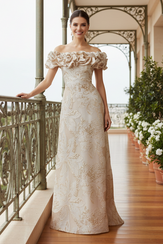 Off-Shoulder Ruffle Jacquard Evening Gown