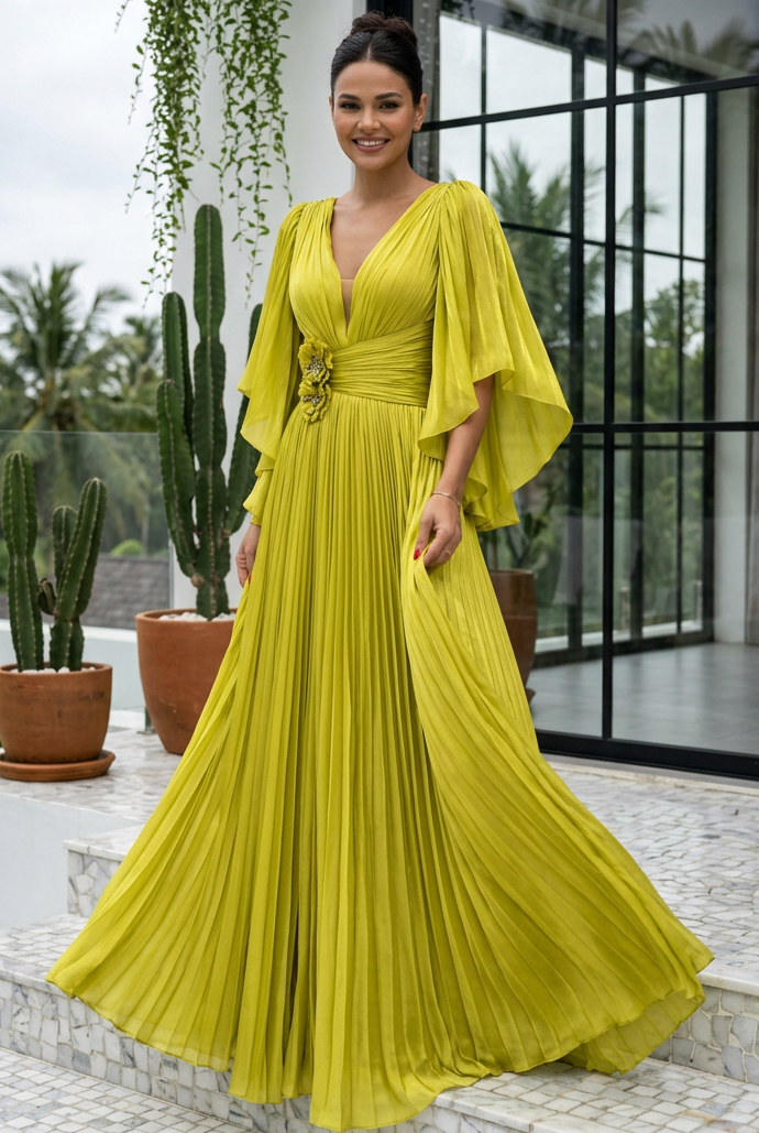 Pleated V-Neck Evening Gown with Cape Sleeves