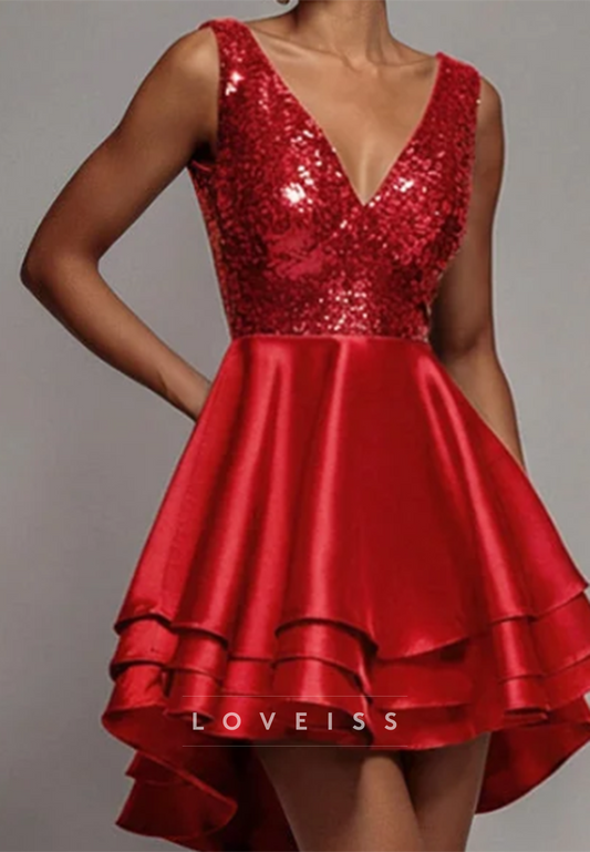 Sequin V-Neck Tiered High-Low Homecoming Dress