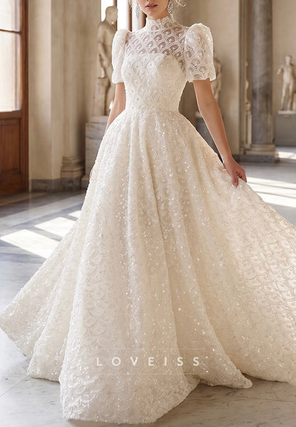 High-Neck Lace Ball Gown Wedding Dress with Puff Sleeves