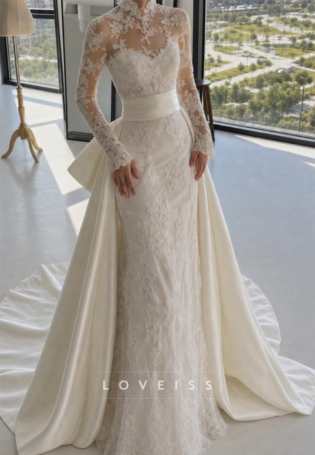 Lace High Neck Wedding Dress with Satin Overskirt