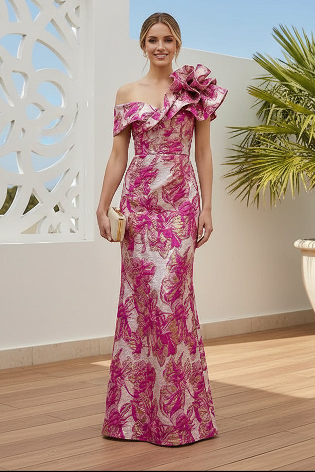 Floral Jacquard One-Shoulder Column Gown