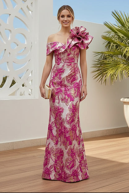 Floral Jacquard One-Shoulder Column Gown
