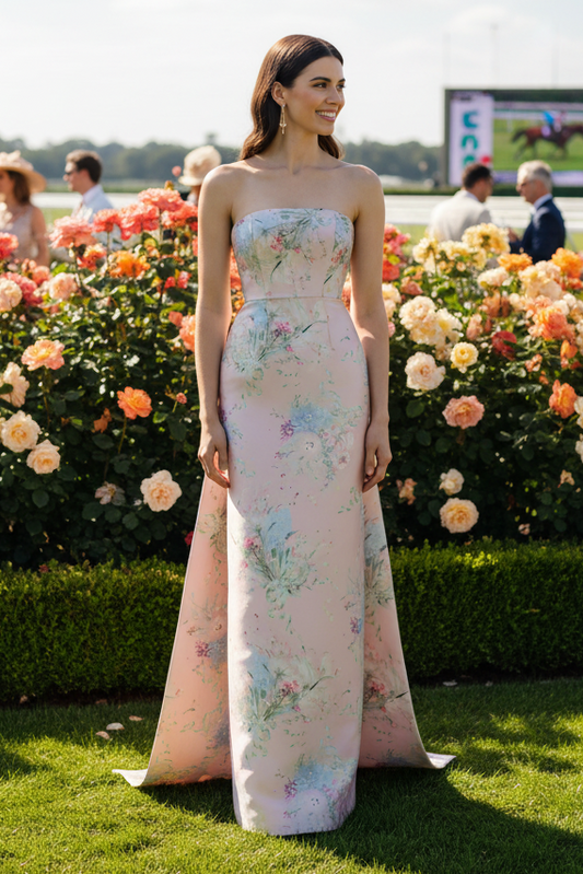 Strapless Floral Jacquard Column Gown with Train