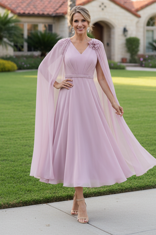 Beaded Cape Sleeve Chiffon Tea-Length A-Line Dress