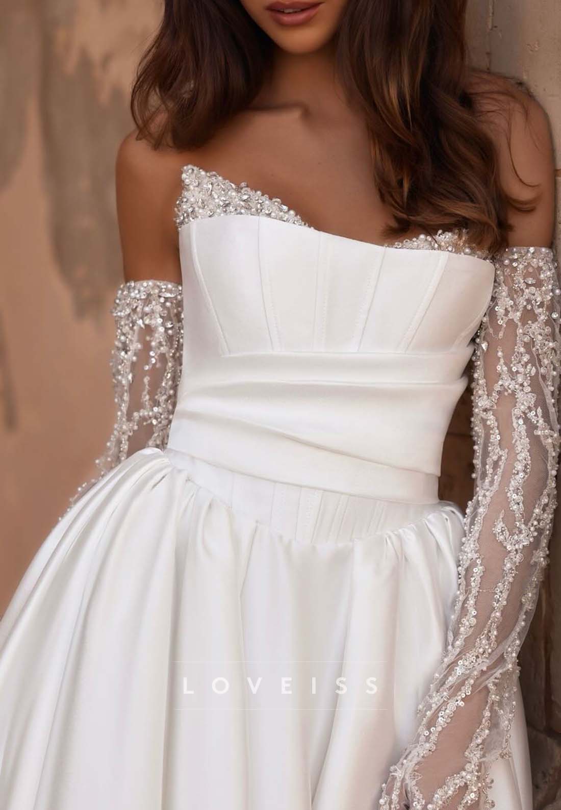 Pleated Ball Gown with Beaded Illusion Sleeves