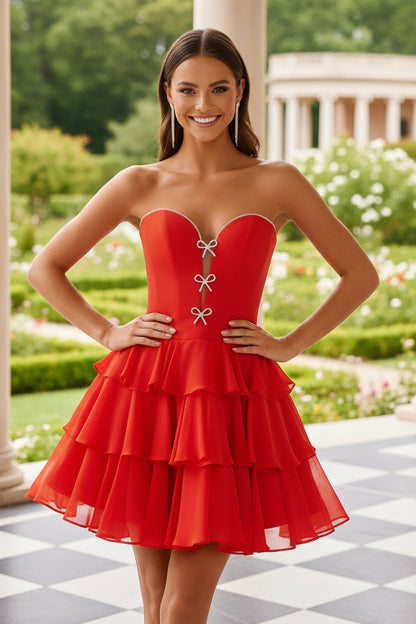 Strapless Sweetheart Tiered Mini Dress with Bows