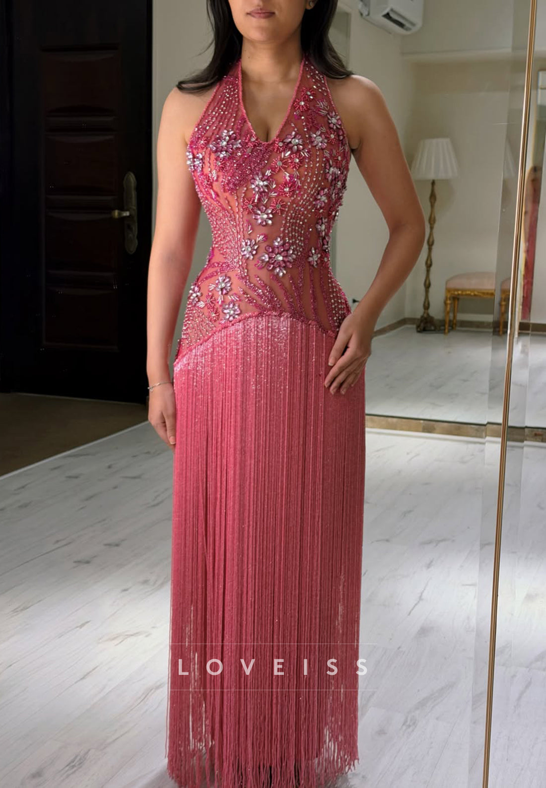 Halter Crystal Beaded Illusion Fringe Evening Gown