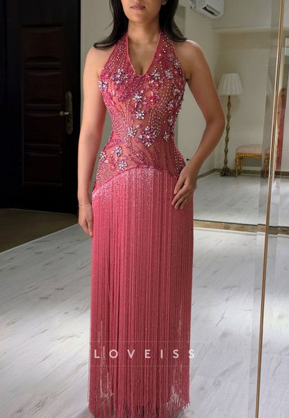 Halter Crystal Beaded Illusion Fringe Evening Gown