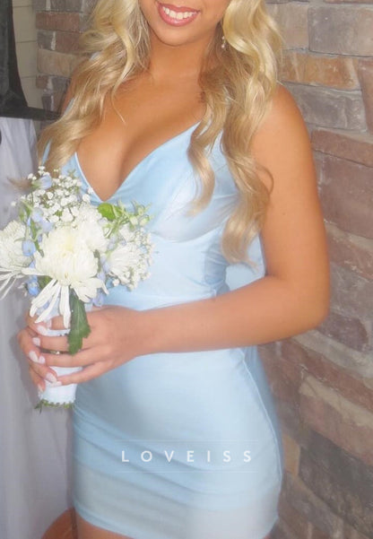 Satin V-Neck Bodycon Mini Dress with Back Bow