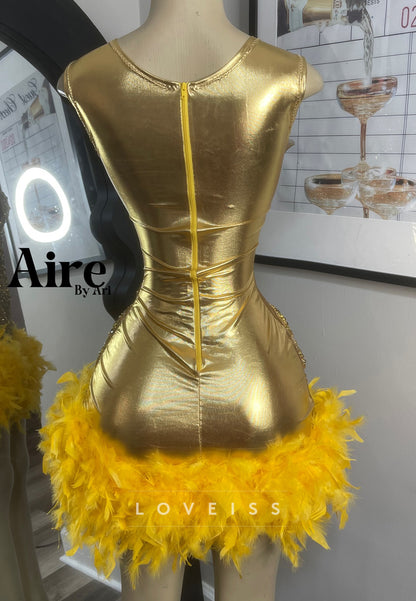 Beaded Illusion Feather Hem Mini Dress