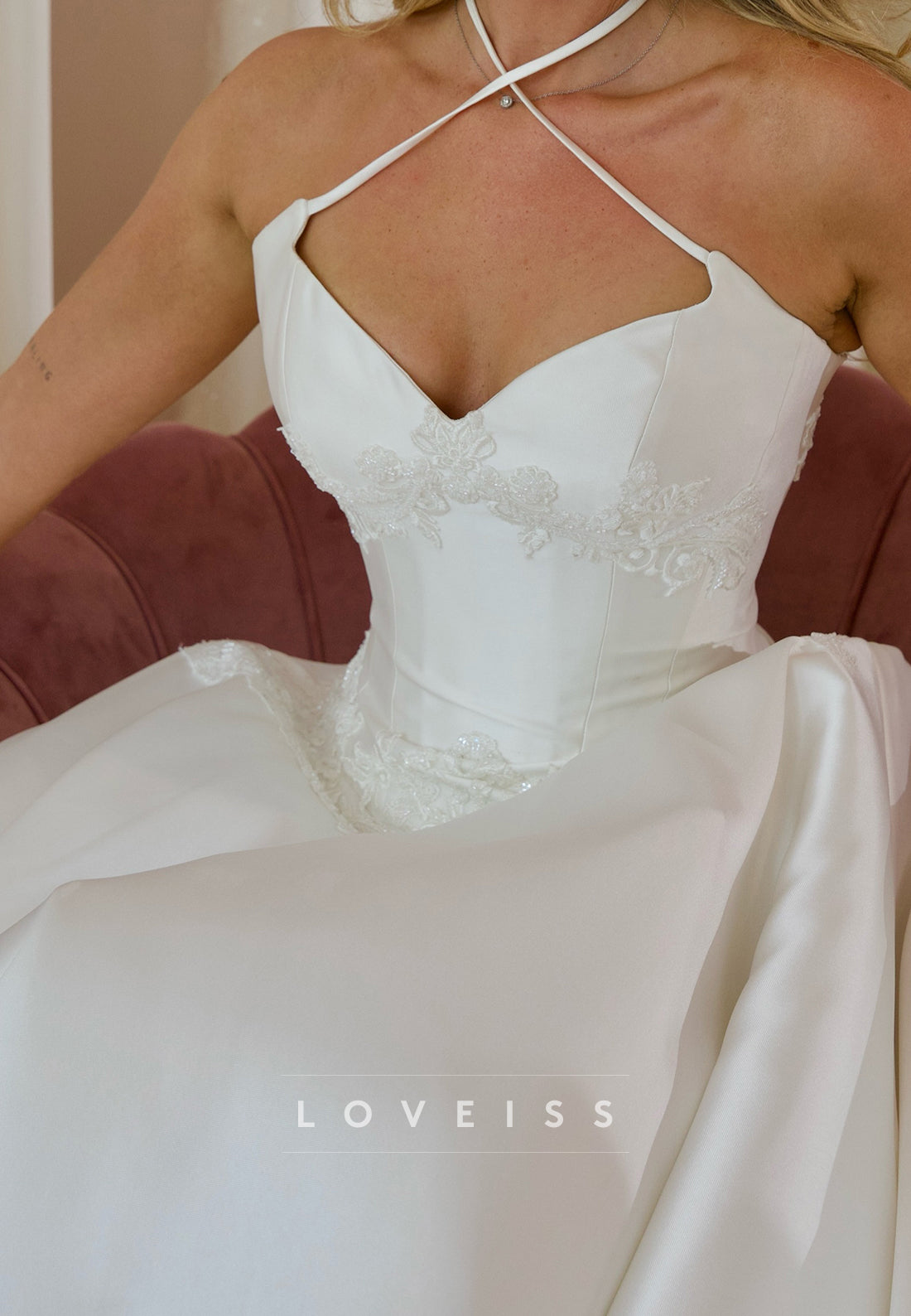 Crossed Halter Neck Satin Ball Gown Wedding Dress