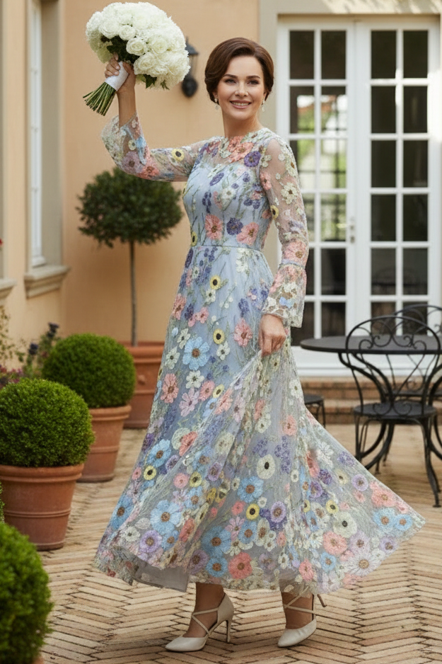 3D Floral Embroidered Midi Dress with Bell Sleeves