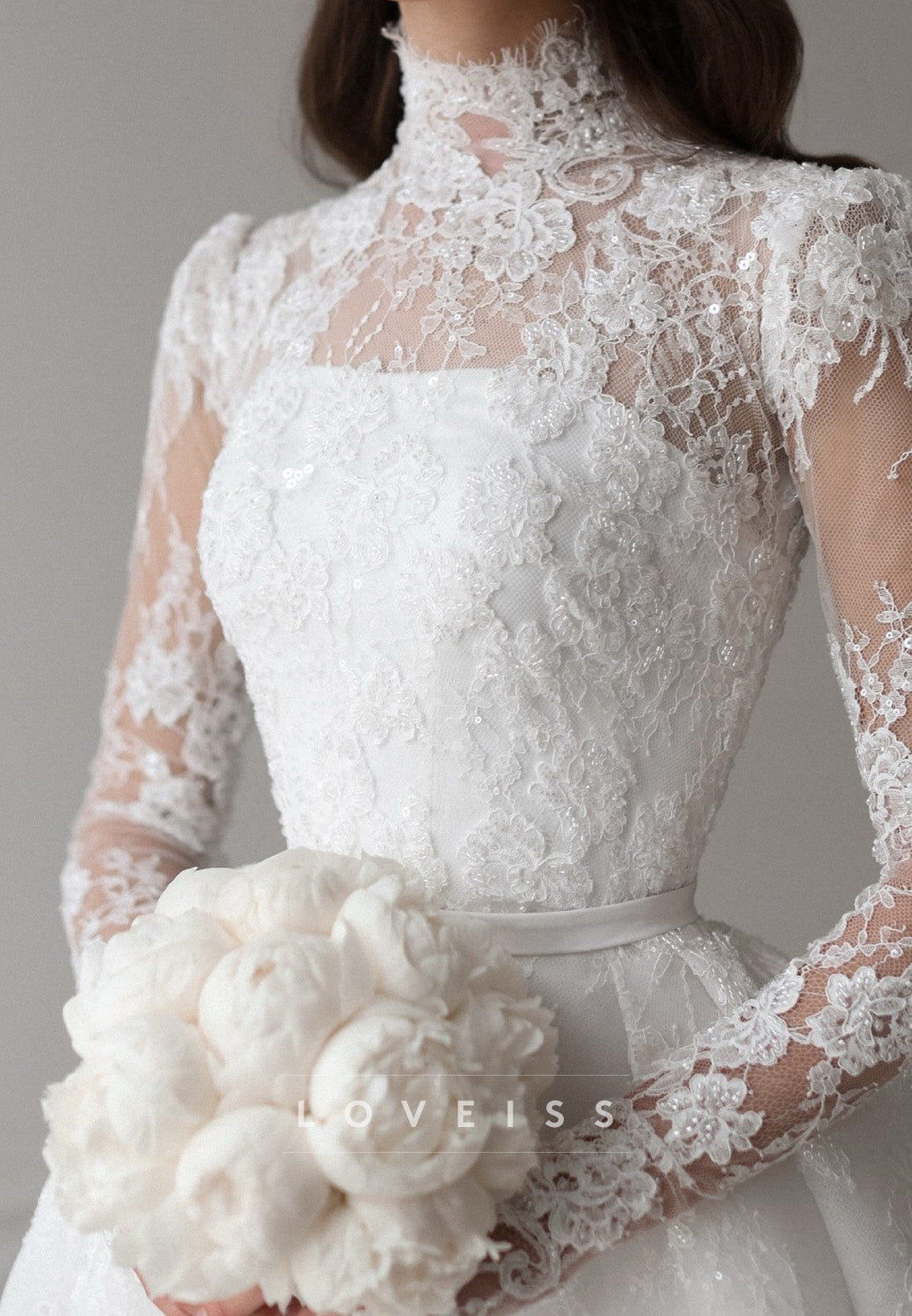 High Neck Lace Ball Gown Wedding Dress