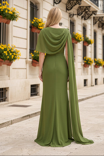One-Shoulder Chiffon Gown with Cape Detail