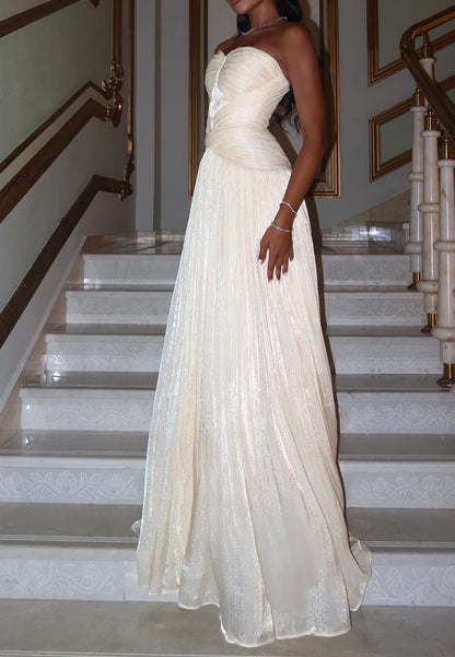 Strapless Ruched Bodice Shimmer Maxi Gown