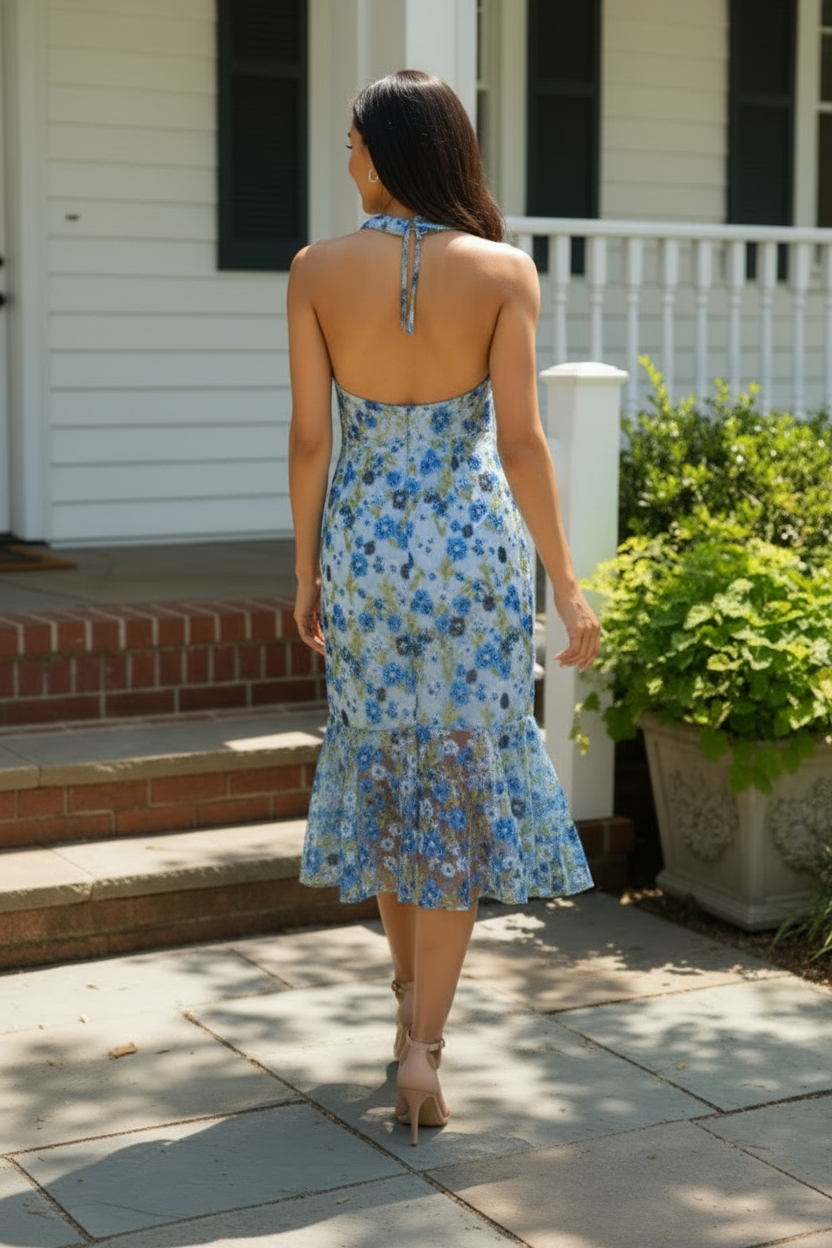 Embroidered Floral Halter Midi Dress with Ruffles