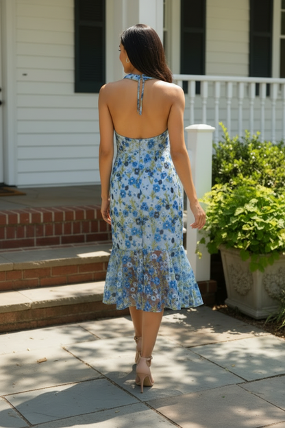Embroidered Floral Halter Midi Dress with Ruffles