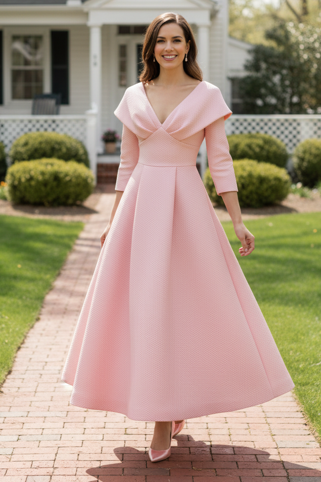 Elegant V-Neck Jacquard A-Line Midi Dress