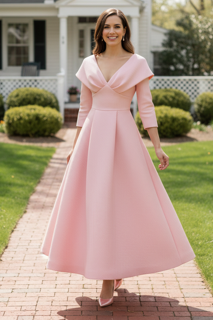 Elegant V-Neck Jacquard A-Line Midi Dress