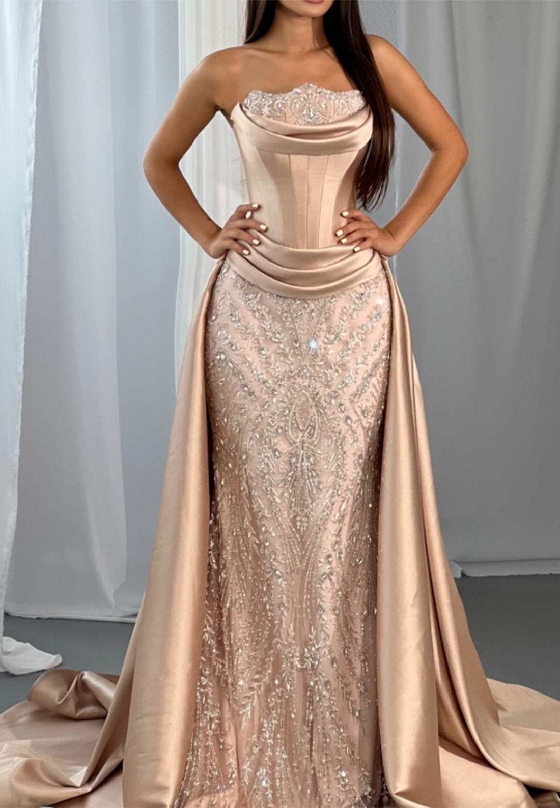 Corset Evening Gown with Beaded Skirt and Train