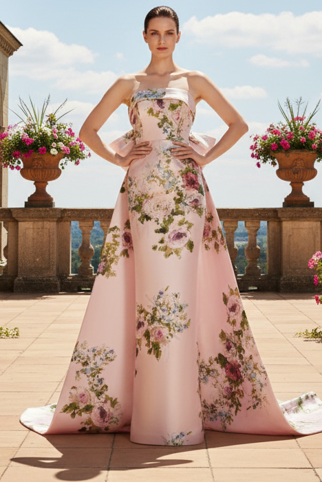 Strapless Floral Print Column Evening Gown