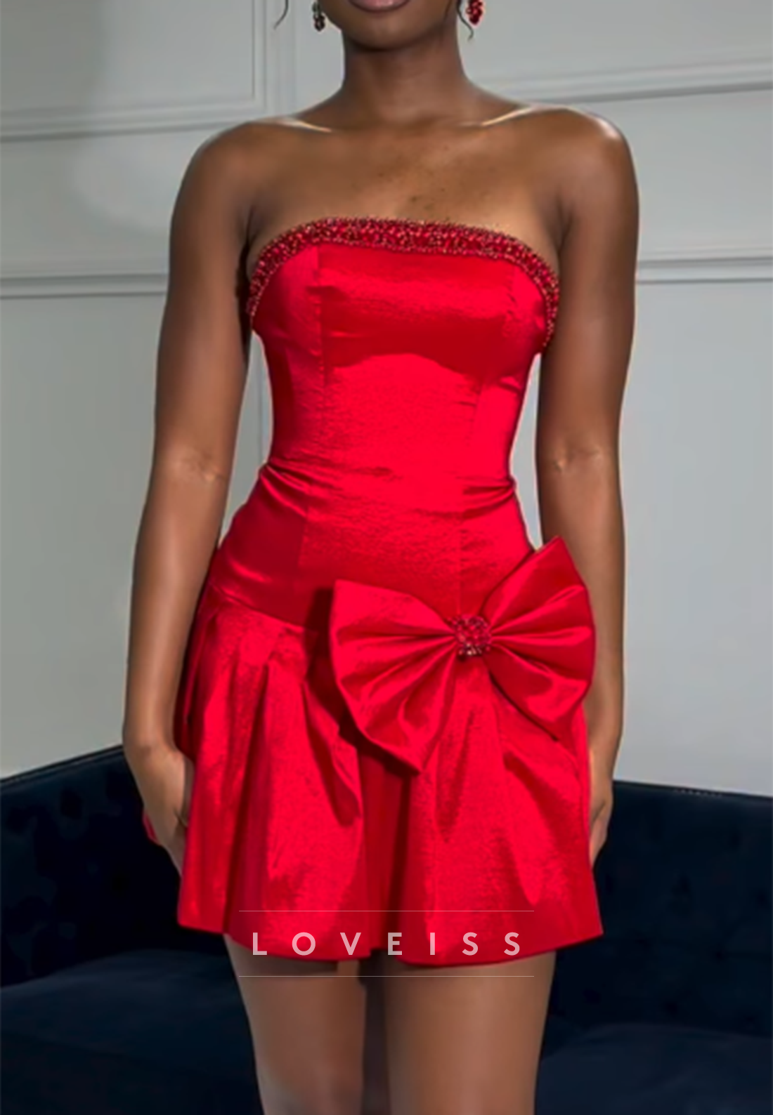 Strapless Beaded Mini Dress with Statement Bow