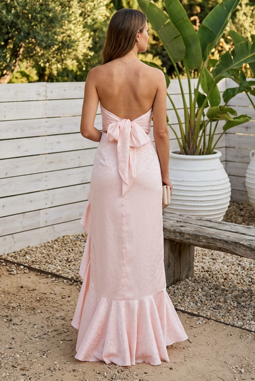 Strapless Ruffle Slit Maxi Dress with Tie Back
