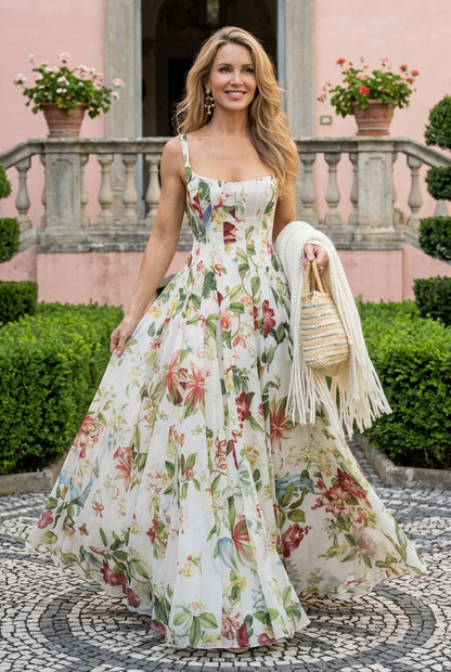 Floral Print Corset Maxi Dress with Straps