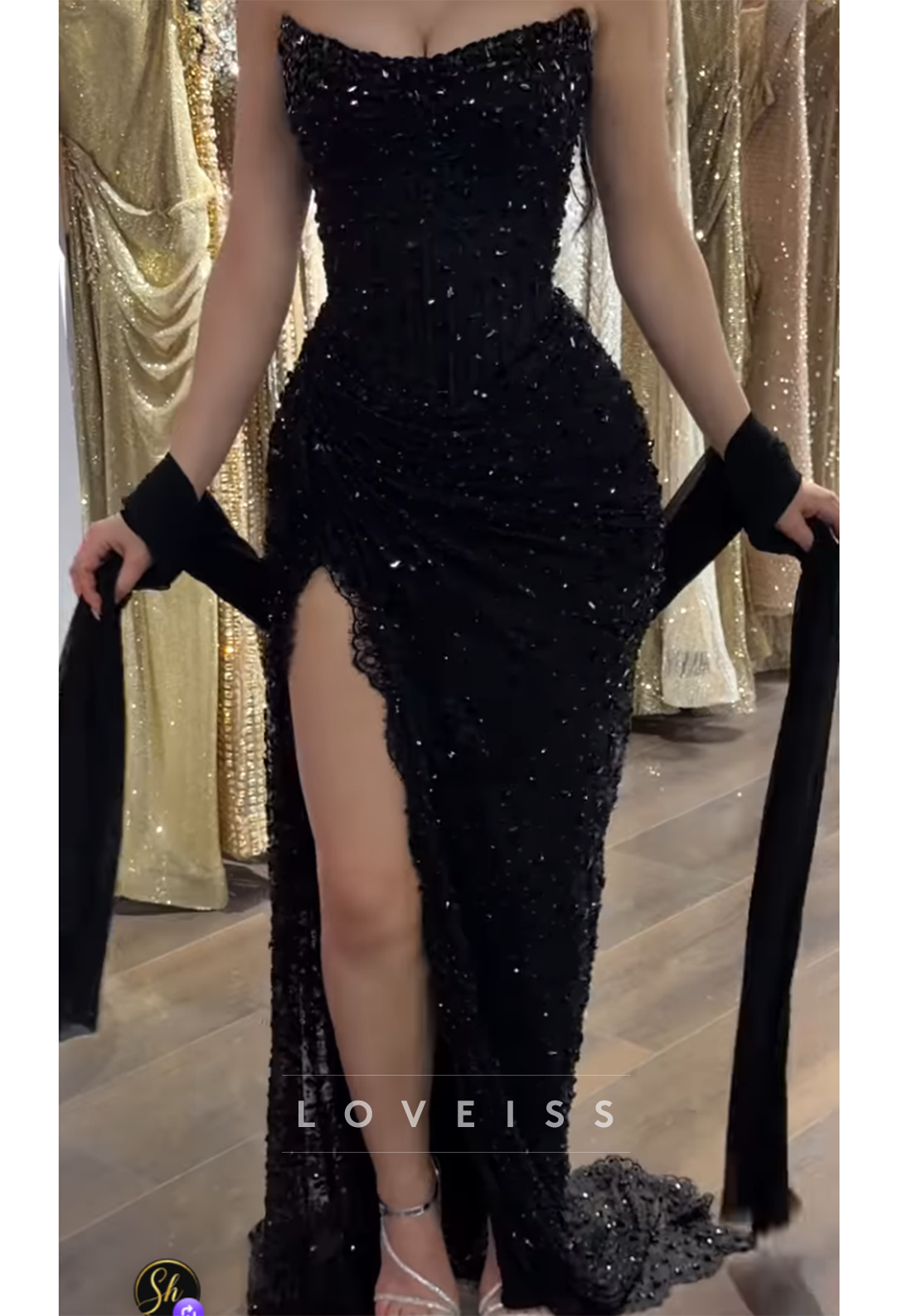 Strapless Beaded Corset Gown with High Slit
