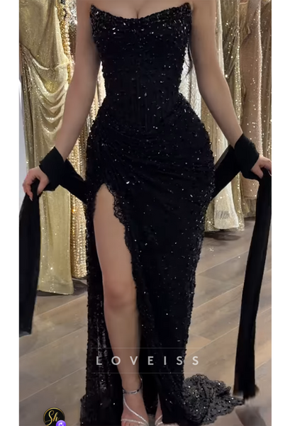 Strapless Beaded Corset Gown with High Slit