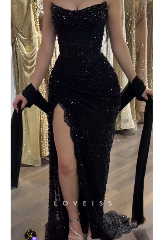 Strapless Beaded Corset Gown with High Slit