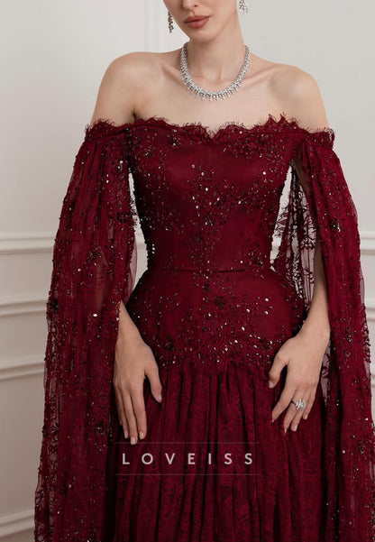 Off-Shoulder Embellished Gown with Split Cape Sleeves
