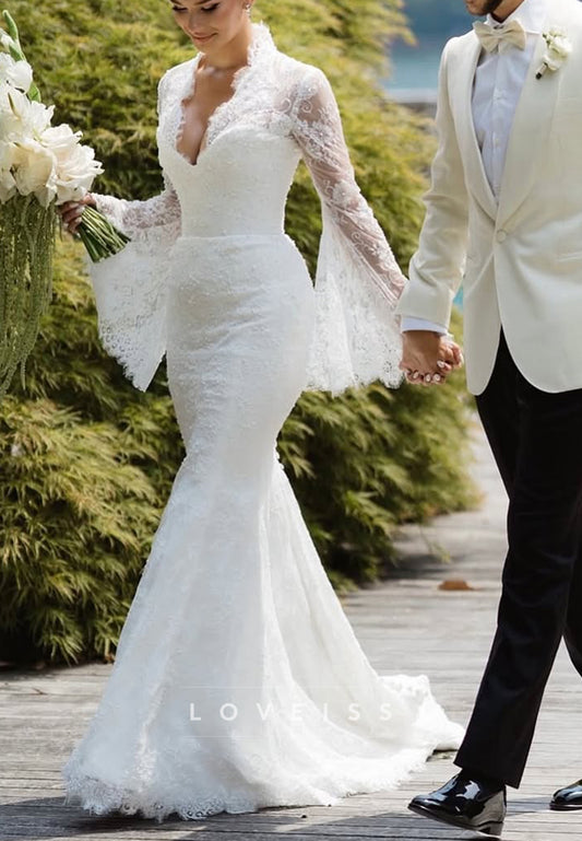 Lace Mermaid Wedding Dress with Bell Sleeves