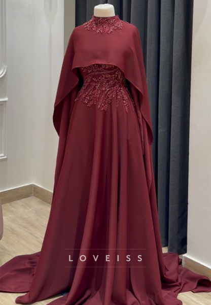 High Neck Cape Evening Gown with Beaded Bodice
