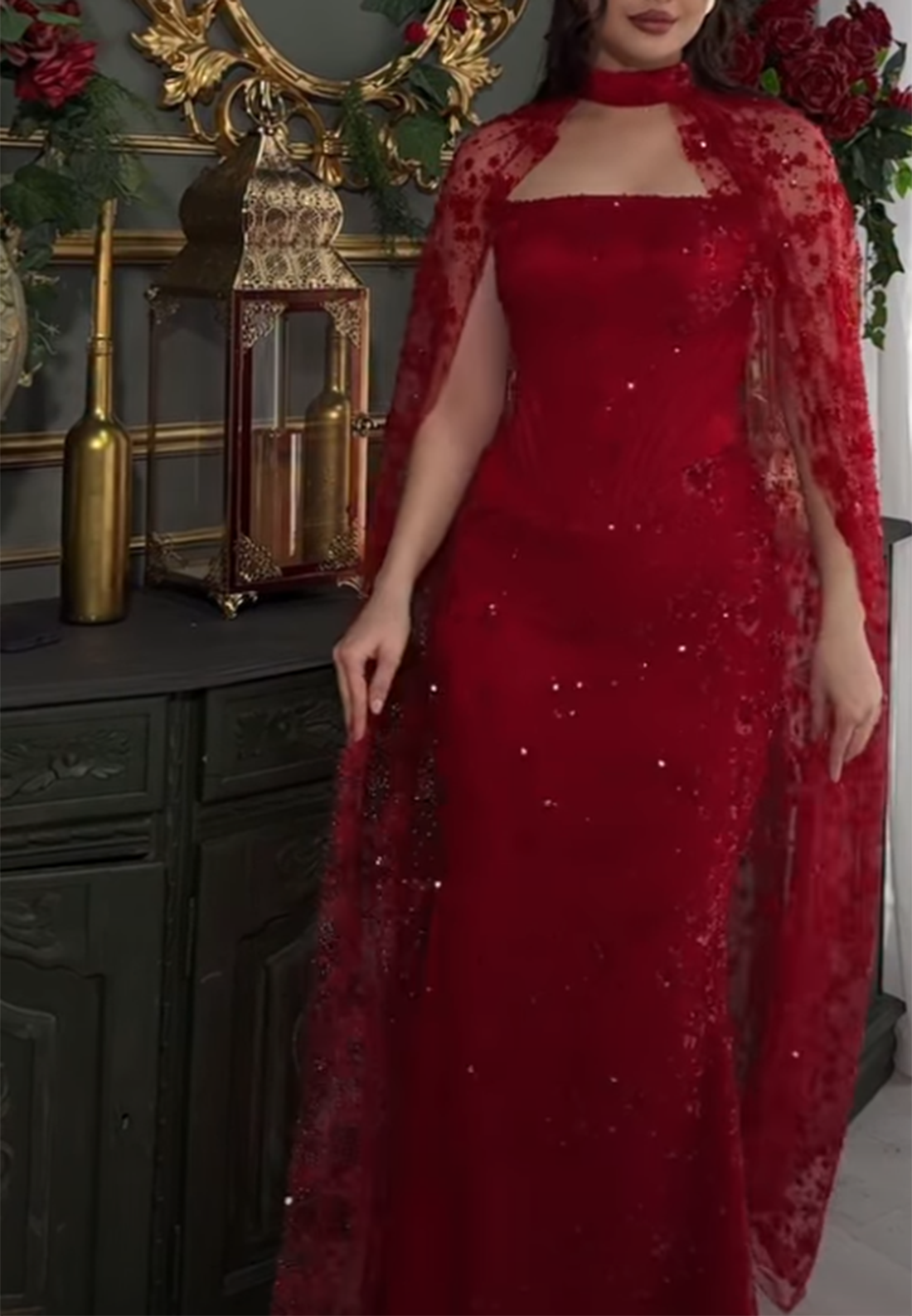 Sequin Cape Column Evening Gown
