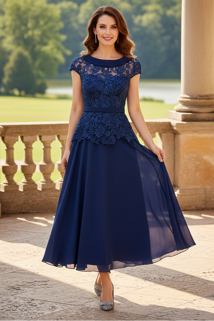 Lace Peplum Midi Dress with Foldover Collar