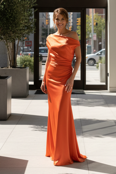 One-Shoulder Ruched Satin Evening Gown