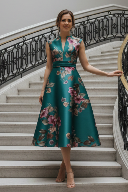 Floral Print Sleeveless V-Neck Midi A-Line Dress