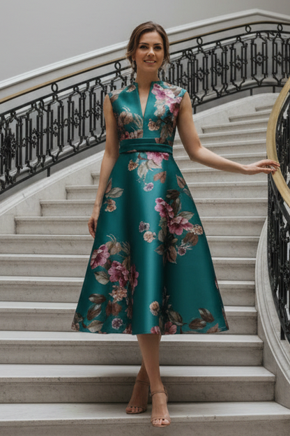 Floral Print Sleeveless V-Neck Midi A-Line Dress