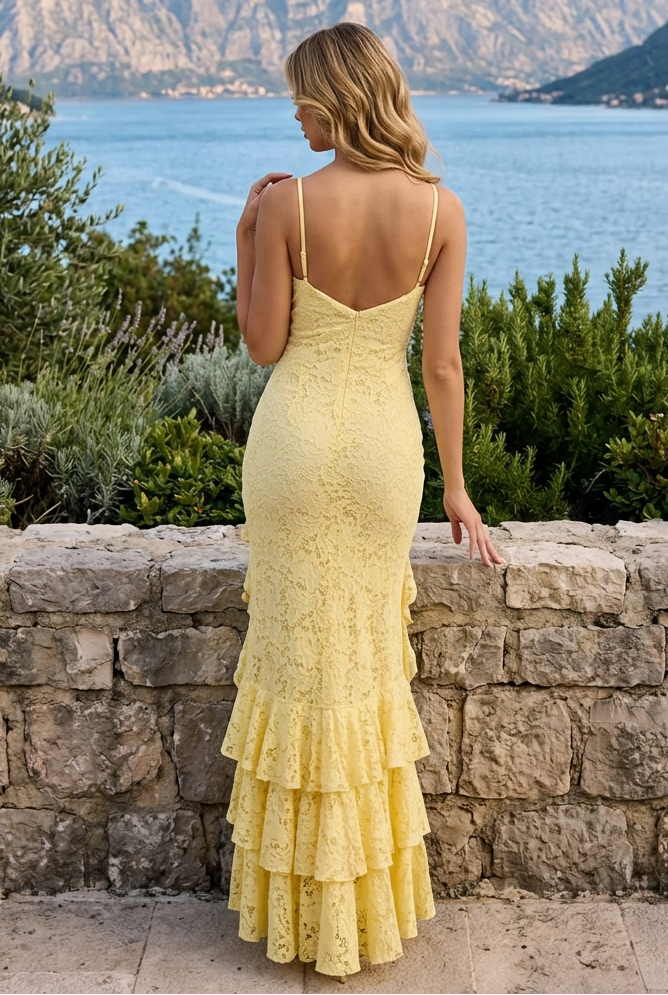 Lace Ruffled Maxi Dress with High Slit