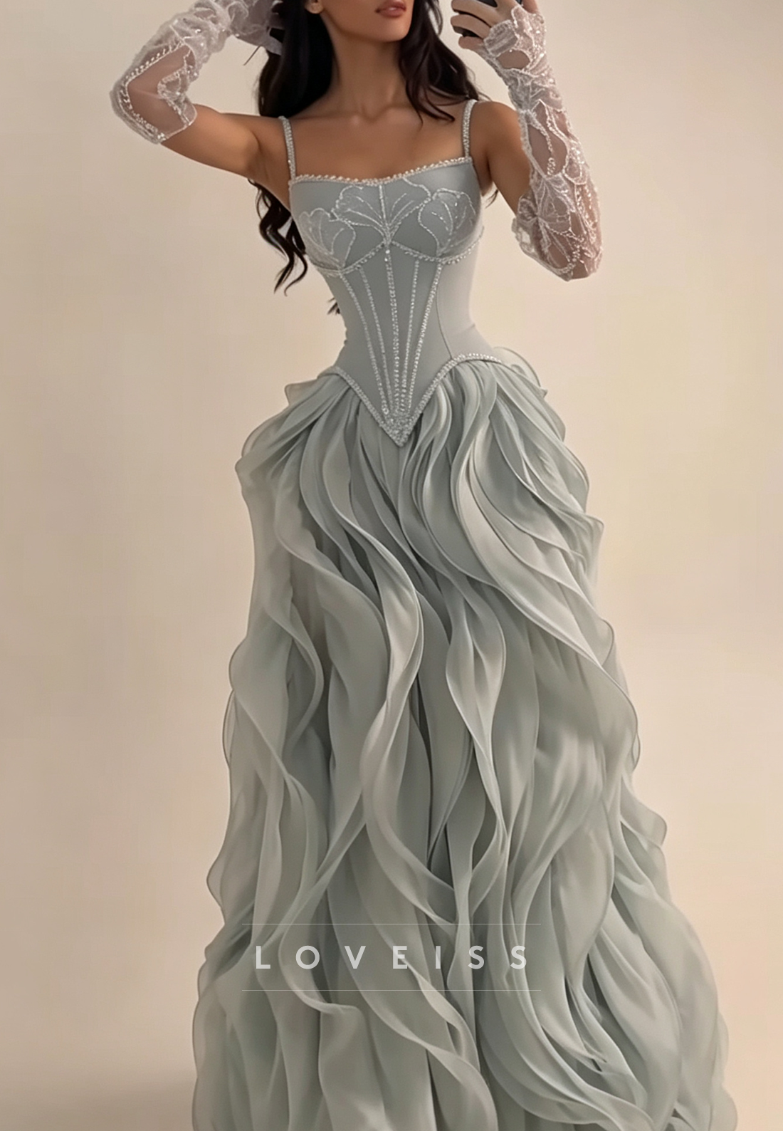 Embroidered Corset Ruffled Skirt Evening Gown