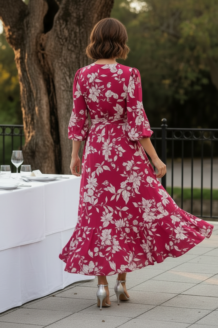 Floral V-Neck Wrap High-Low Maxi Dress