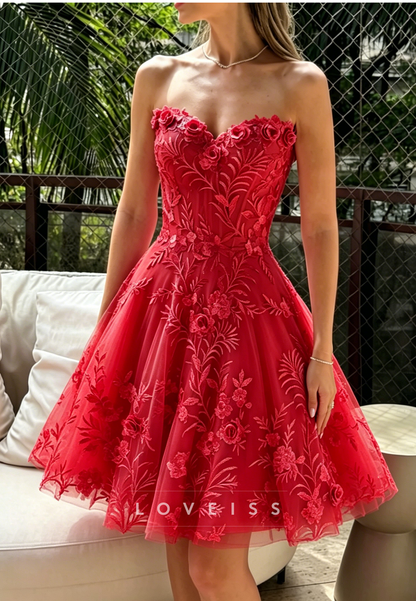 Strapless 3D Floral A-Line Short Prom Dress