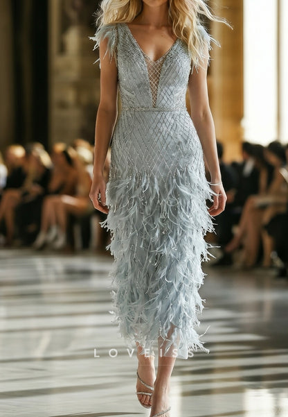Beaded V-Neck Midi Dress with Feather Trim
