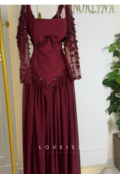 Long Sleeve Basque Waist Formal Gown with Beading